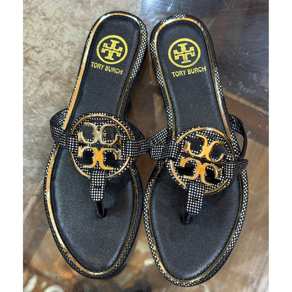 Tory Burch Miller Black Gold Studded Logo Thongโ Sandals Flat Shoes Size 36